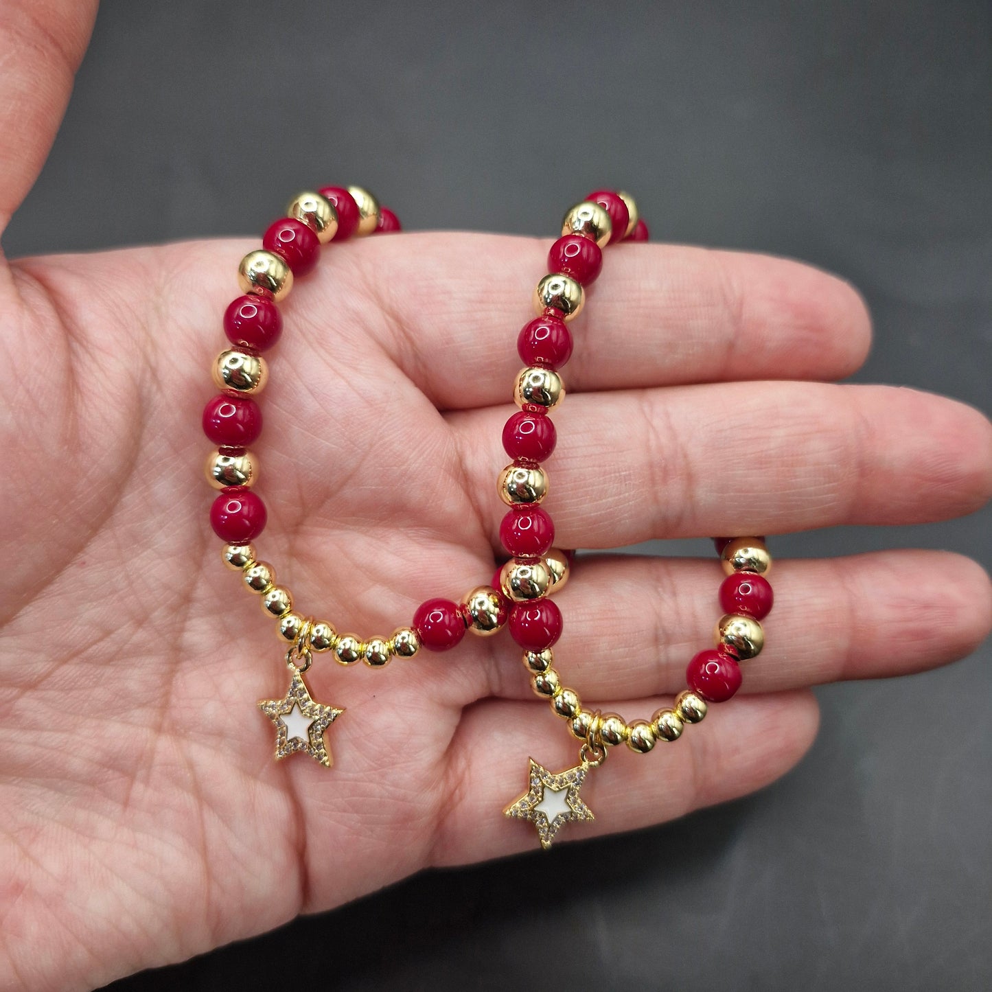 Pulsera cuentas rojas-doradas